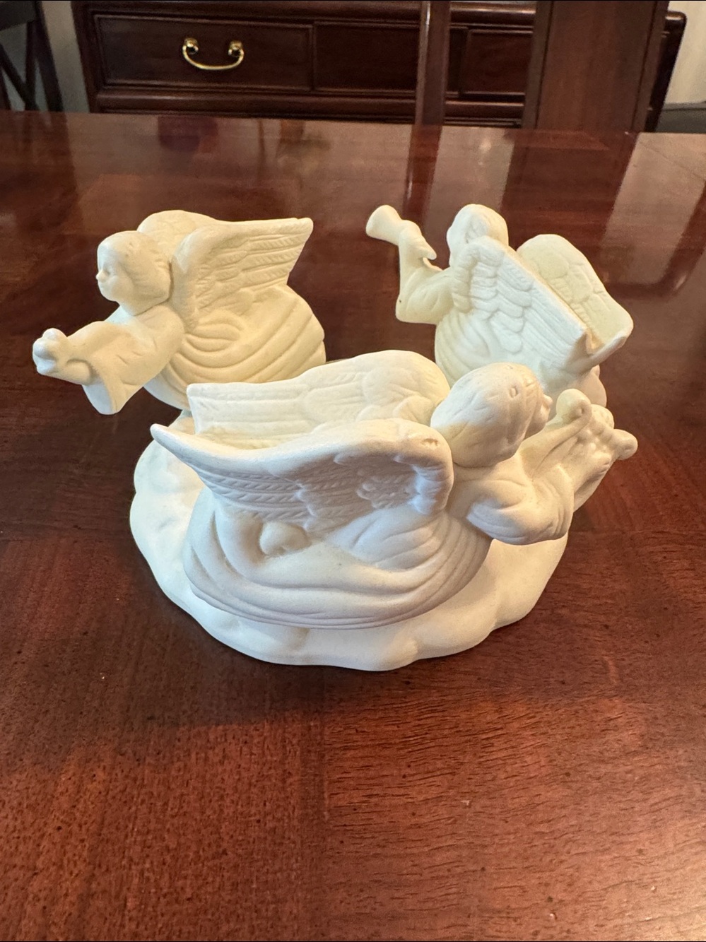 Avon Porcelain White Angel Pillar Candle Holder 3 Angels